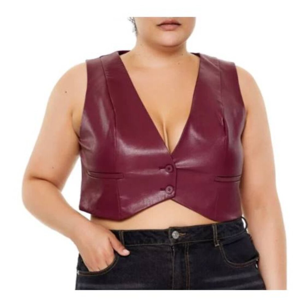 Red faux leather cropped vest top Women's Plus Size 2X crop sleeveless v-neck